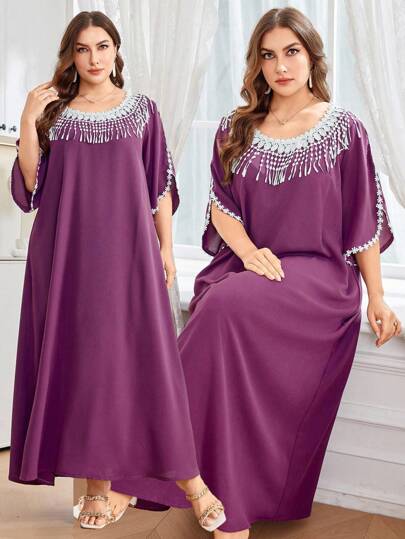 Al Najma 休闲纯色蕾丝边宽松插肩袖七分袖大码女式土耳其和阿拉伯传统长款束腰外衣，春夏