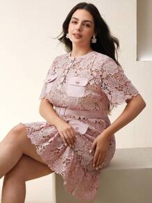 Anewsta 女士蓝色水溶性蕾丝边优雅经典短袖迷你连衣裙，适合夏季、节日、优雅、假日、度假、休闲、优雅、海滩