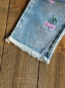 SHEIN Vintaside Kids 2 件套女婴春夏套装，包括红色圆领盖袖衬衫搭配樱桃刺绣牛仔长裤，甜美风格，适合户外、休闲和派对，适合幼儿的女童服装套装 - 紫色 - 查看 7