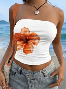 Muchica 女士修身花卉印花休闲抹胸，适合夏季 - 白色 - 查看 1