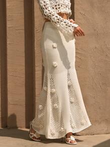 Anewsta Romantic Embroidered 3D Floral Openwork Knitted Skirt, Suitable For Holiday & Travel, Spring/Summer - White - View 5