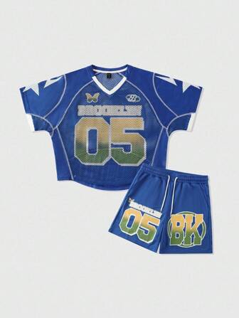 Prep Conjunto deportivo de camiseta de malla de manga corta con estampado numérico y pantalones cortos sueltos para hombre