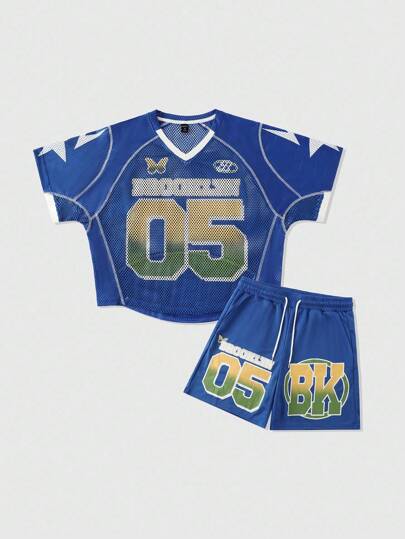 Prep Tuta sportiva da uomo con maglietta a maniche corte in rete con stampa numerica e pantaloncini larghi