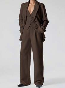 LYSMO 3 件套女士棕色镂空领长袖休闲西装外套、背心和裤子 - 棕色 - 查看 1