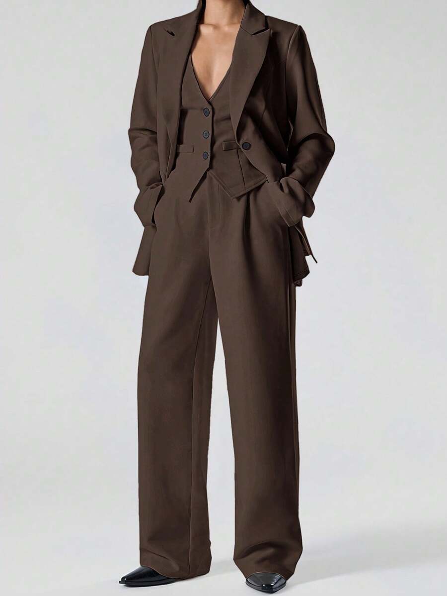 LYSMO 3 件套女士棕色镂空领长袖休闲西装外套、背心和裤子 - 棕色 - 查看 1