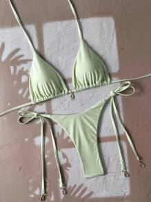 SHEIN Swim 纯色比基尼泳装，适合春假海滩度假 - 薄荷綠 - 查看 7