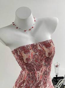 Chiquease 女式全印花休闲度假抹胸连衣裙 - 紅色 - 查看 6