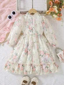 Elladie kids 年轻女孩春季玫瑰印花无袖花卉泡泡裙连衣裙，后拉链开合，百搭可爱的公主裙，适合日常休闲穿着 - 彩色 - 查看 3