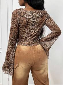 Slaydiva Elegant Brown Leopard Print Mesh Sheer Blouse,Autumn Ruffle Trim Tie Front Women Top For Night Out,Music Festival,Daily,Party,Date,Beach,Cruise - Multicolor - View 2