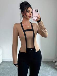 Elenzga Bộ 2 áo dài tay hở trước thanh lịch phối màu cho nữ và áo hai dây - Nhiều màu - Xem 3