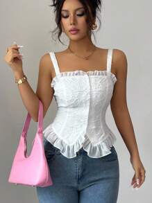 Elenzga Women's Summer Ruffled Chiffon Patchwork Design Fitted Camisole - White - View 3