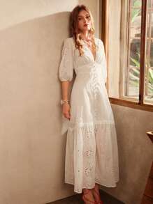 Anewsta White V-Neck Slit Lace Elegant Floor-Length Dress Maxi Women Outfit
