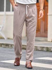 Manfinity VCAY Men's Casual Woven Elastic Waist Draw String Tapered Leg Pants, Suitable For Daily Wear Men Drawstring Pants, Fall, Old Money - Khaki - View 1