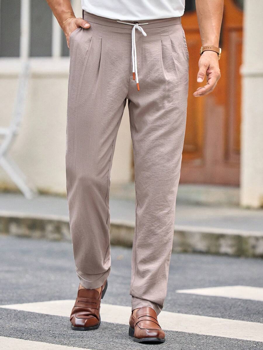 Manfinity VCAY Men's Casual Woven Elastic Waist Draw String Tapered Leg Pants, Suitable For Daily Wear Men Drawstring Pants, Fall, Old Money - Khaki - View 1