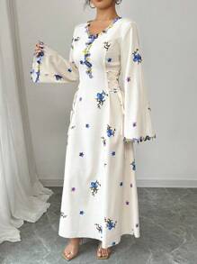 Yasmyna Women's Woven Floral Print Ruffle Tie-Waist A-Line Arabic Dress - Blue - View 5