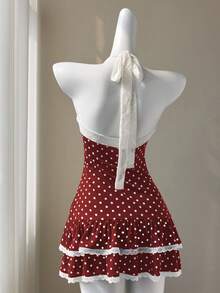Elamini 复古黑白圆点蕾丝边蝴蝶结点缀露背系带腰部拼接荷叶边下摆迷你连衣裙，优雅可爱，适合夏季、海滩、度假、日常穿着、约会 - 紅色 - 查看 2