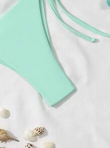 SHEIN Swim 女士简约纯色侧系带比基尼泳裤，海滩度假 - 薄荷綠 - 查看 4