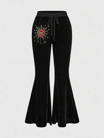 Goth Pantalones glamorosos de estilo de corte para mujer con incrustaciones de de rubí y strass, bordados con patrones de sol, espada, corazón, ojo y estrella en terciopelo negro para fiestas de verano, graduación, baile de graduación y vacaciones en la playa