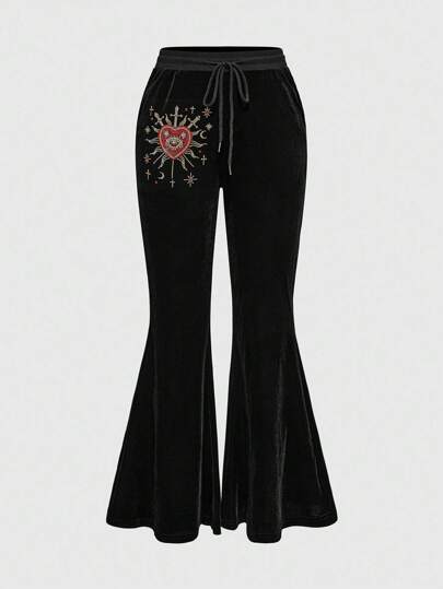 Goth Glamourous Court Style Rhinestone & Ruby Crystal Embroidered Sun, Sword, Heart, Eye, Star Pattern Black Velvet Summer Party, Graduation, Prom, Beach Vacation Pants For Women