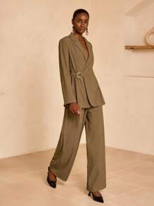 Zivah 2025新款秋冬休闲优雅通勤日常约会上班族翻领长袖腰部可调节腰带装饰宽松卡其色正装西装外套+西裤阔腿裤长裤卡其色女装套装-西装套装女 - 棕色 - 查看 4