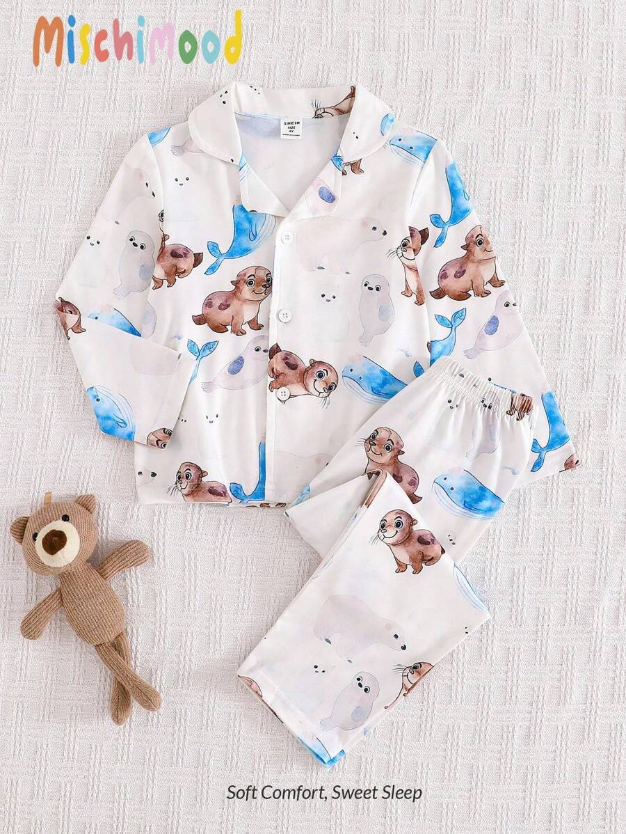 男童可爱卡通印花阻燃睡衣、长袖开衫和裤子舒适家居服套装 - 彩色 - 查看 1