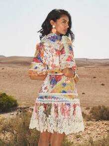 Anewsta Đầm midi hở eo họa tiết đèn lồng cổ chữ V tay ngắn họa tiết hoa viền xếp nếp cho nữ, trang phục dự tiệc/đi chơi/nghỉ dưỡng - Nhiều màu - Xem 9