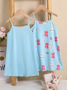 Set de 2 piezas de pijamas de vestido de camisola tejida con estampado de conejitos cómodo y lindo en blanco y rosa para niñas