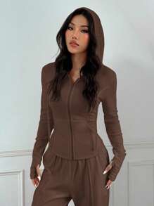 SHEIN EZwear 女士休闲咖啡棕色抽绳连帽衫和裤子套装 - 咖啡棕 - 查看 6