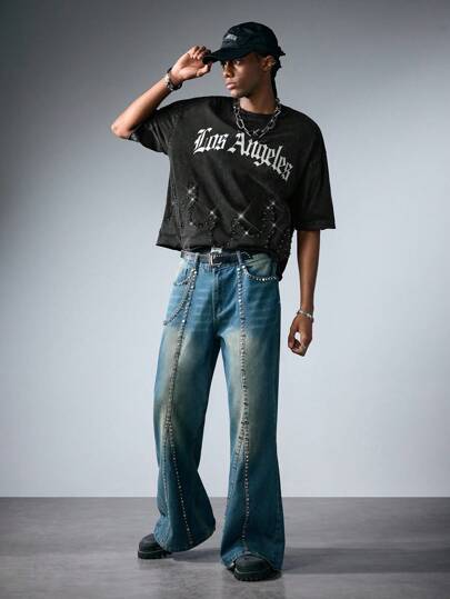 Street Life T-shirt à manches courtes pour hommes, style de vie de rue, lavé, avec application de perles. Style court, ample, rave