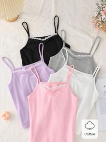 青少年女孩 5 件套可追溯材质内衣吊带背心套装，包括灰色、白色、浅紫色、浅粉色、黑色和深紫色，配有细肩带和领口蕾丝装饰，整体休闲风格适合日常穿着返校时尚