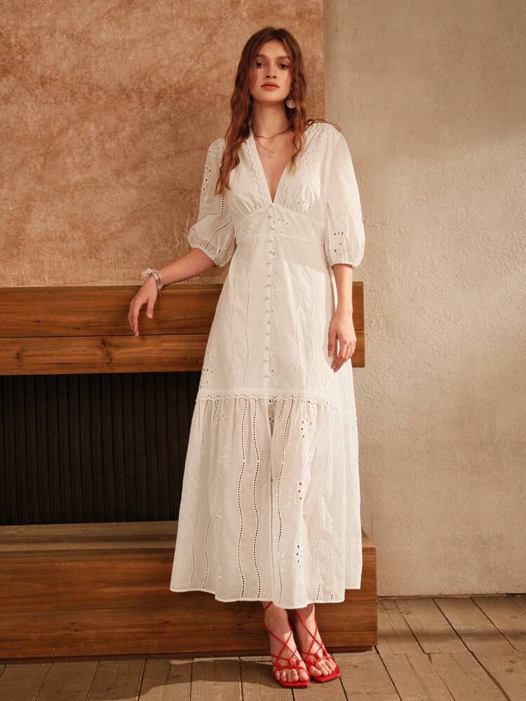 Women's Spring V-Neck Hollow Embroidered Floral Lace Patchwork Long Sleeve White Dress