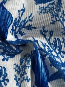 Swim Mod 2 件套夏季假期随机印花罗纹纹理面料金色贝壳装饰吊带文胸上衣和高腰泳裤性感比基尼泳装 - 彩色 - 查看 4