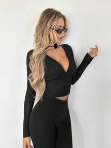 SHEIN ICON Áo cánh dài tay hở vai cổ chữ V sâu cho nữ - màu đen - Xem 3