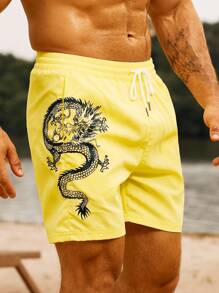 Surfspeed Men's Summer Chinese Dragon Print Drawstring Waist Beach Shorts - Yellow - View 4