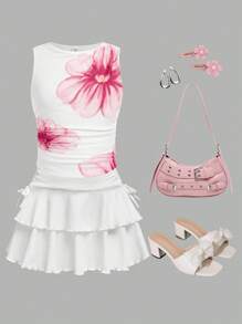 Tween Girl Elegant Large Flower Pattern Mesh Sheer Print Ruched Cami Tank - Pink - View 3