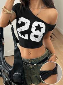 Coolane Áo thun Jersey cổ bẻ màu đen bất đối xứng thoải mái cho nữ mùa hè, họa tiết đồ họa ngày thi đấu, họa tiết số, thể thao Y2K - màu đen - Xem 3