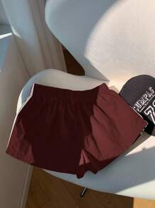 Comfortcana 女士休闲拼色条纹短裤，夏季 - 酒紅色 - 查看 2