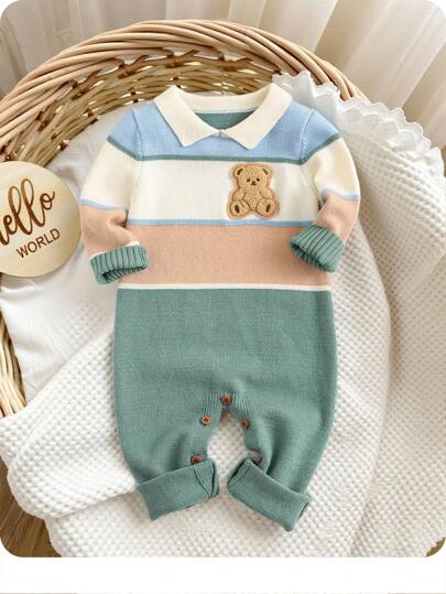 SHEIN 男婴可爱拼色卡通印花马球领长袖毛衣连体衣，秋装