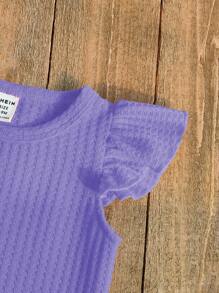 SHEIN Vintaside Kids 2 件套女婴春夏套装，包括红色圆领盖袖衬衫搭配樱桃刺绣牛仔长裤，甜美风格，适合户外、休闲和派对，适合幼儿的女童服装套装 - 紫色 - 查看 6