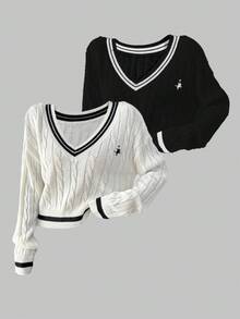 Franclia Halloween V-Neck Contrast Color Horse Embroidery Pullover Sweater, Multi-Color Set Fall Winter Cloth For Women - Black and White - View 4