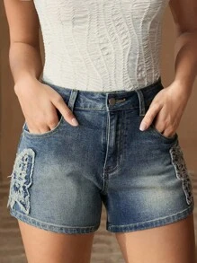Anewsta Aufwendig bestickte Damenjeans-Shorts - Blau - Übersicht 4