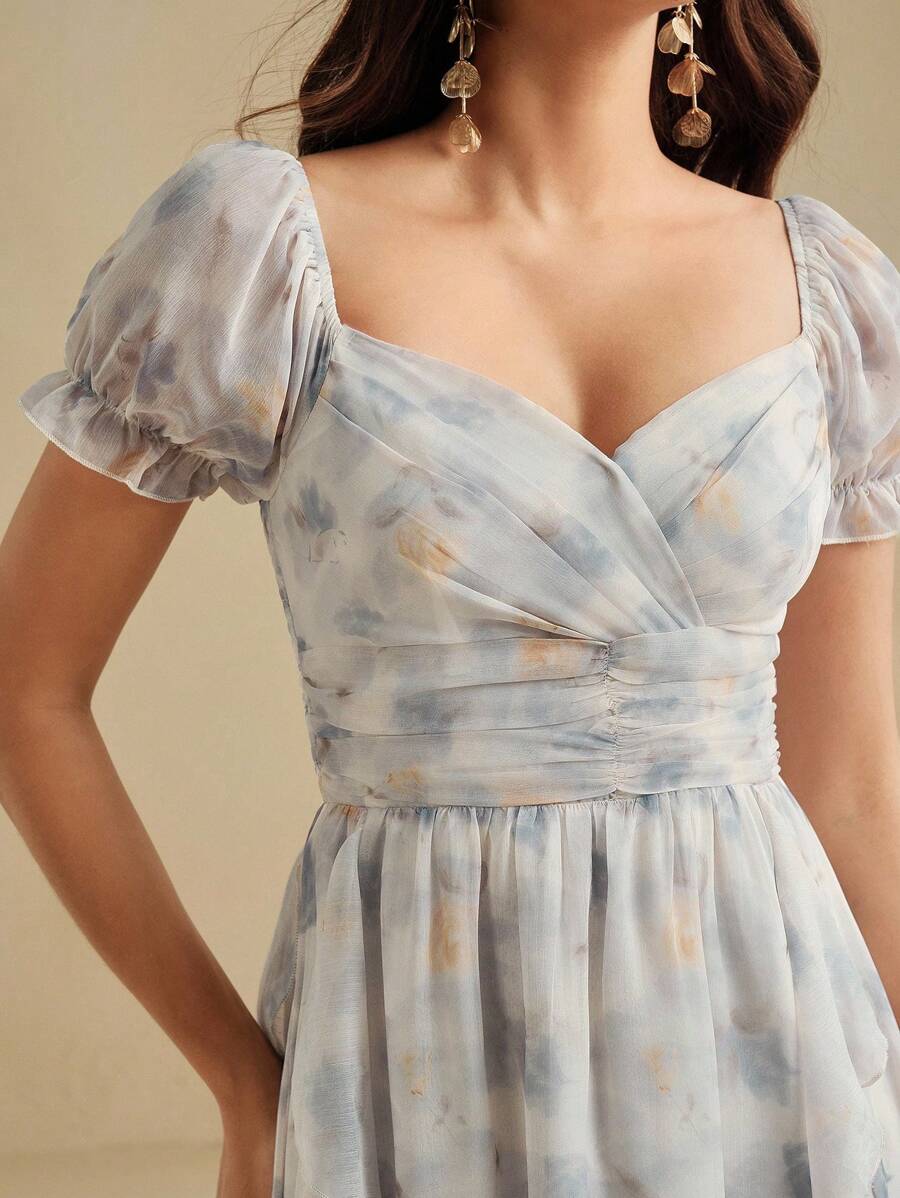 Anewsta Elaire 女士优雅浪漫碎花方领雪纺精致派对礼服 - 藍色 - 查看 1