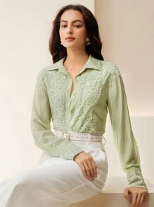 Anewsta 女士时尚蕾丝边开襟长袖衬衫 - 薄荷綠 - 查看 7