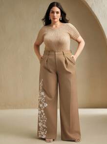Anewsta Plus Size Women Elegant Floral Embroidery Suit Pants