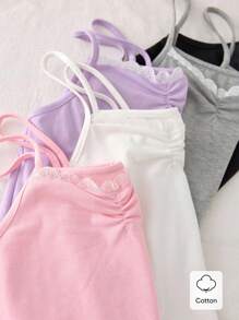 青少年女孩 5 件套可追溯材质内衣吊带背心套装，包括灰色、白色、浅紫色、浅粉色、黑色和深紫色，配有细肩带和领口蕾丝装饰，整体休闲风格适合日常穿着返校时尚