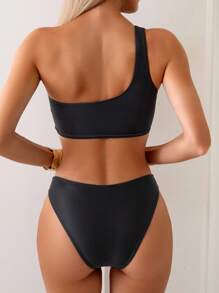 Swim Vcay Women's Summer New Arrival One-Shoulder Strap Low-Waisted Triangle Print Bikini Set - Black - View 2