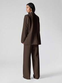 LYSMO 3 件套女士棕色镂空领长袖休闲西装外套、背心和裤子 - 棕色 - 查看 2