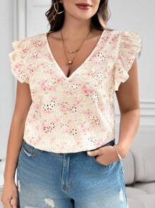 SHEIN Clasi Blusa de mujer talla grande con cuello en V, bordado y estampado, manga corta, atuendos de verano para mujer, atuendos de vacaciones para mujer, ropa de verano para mujer, blusas para salir, blusas de verano lindas