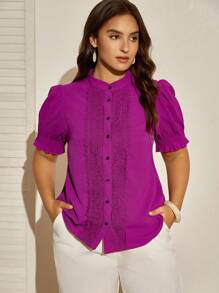 Nubod Plus Size Women's Puff Sleeve Stand Collar Shirt - Multicolor - View 4