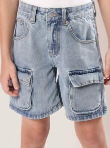 SUMWON Jungen Jeans Cargo Shorts Jugendliche Lässig Sommer Outdoor Abenteuer Locker Sitz Mehrere Taschen Alltagskleidung Komfortabel Spielzeit Unterteil - Helle Waschung - Übersicht 5